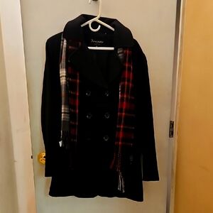 Forecaster of Boston Black Pea Coat with Red Plaid Scarf